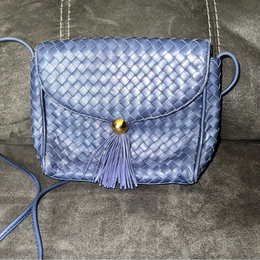 Birds Bella Italian Blue Leather Woven Shoulder Bag